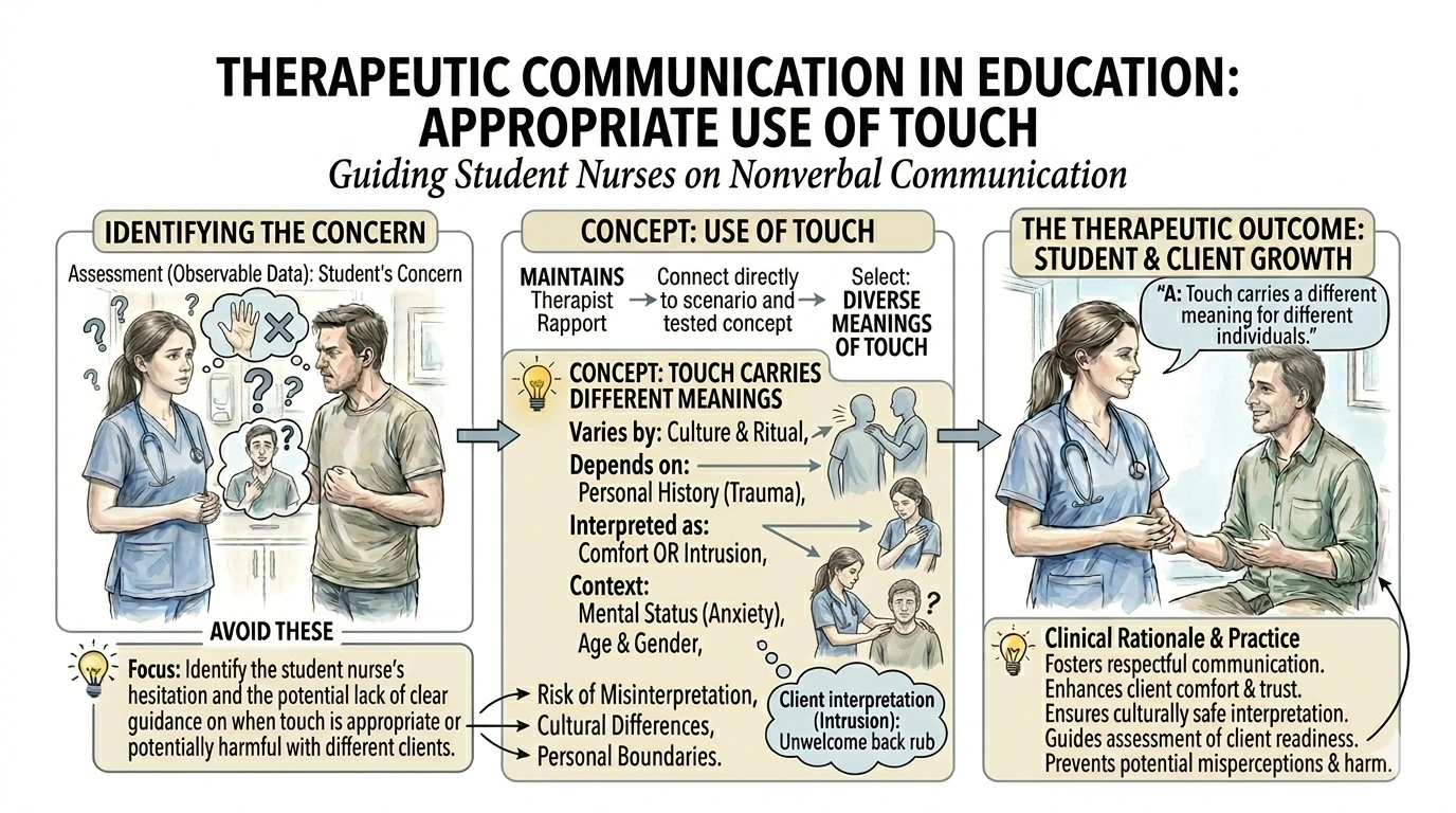 A student nurse is learning about the appropriate use of touch when communicating with clients diagnosed with psychiatric disorders. Which statement by the instructor best provides information about this aspect of therapeutic communication?