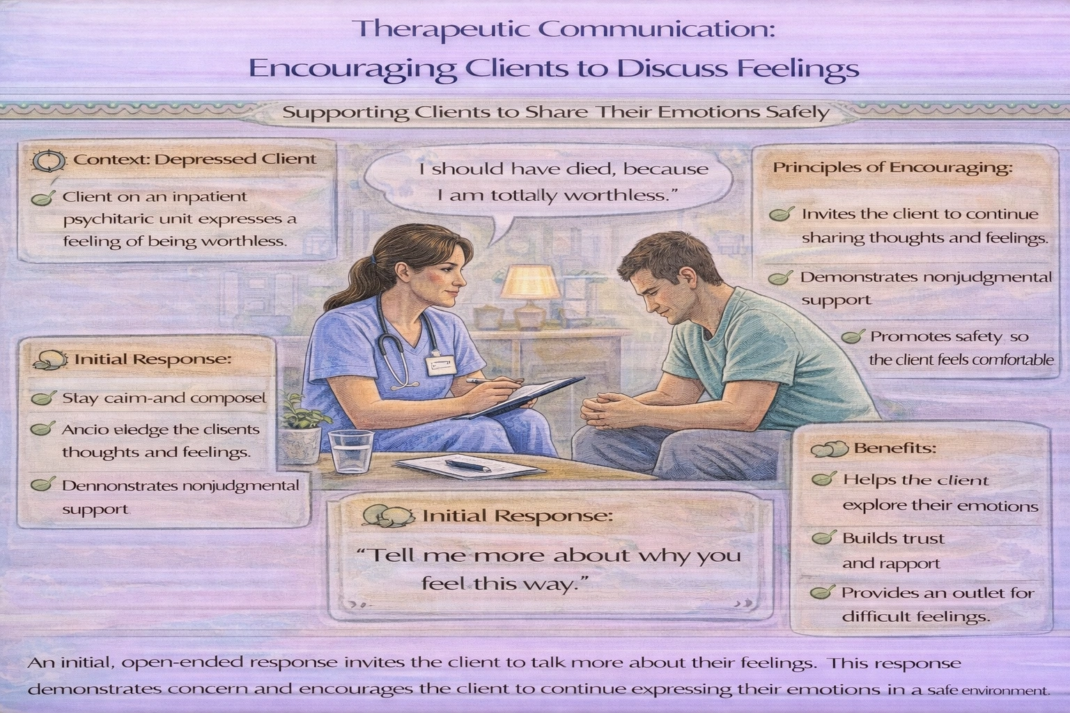 A client on an inpatient psychiatric unit tells the nurse, I should have died, because I am totally worthless. In order to encourage the client to continue talking about feelings, which should be the nursing initial response?