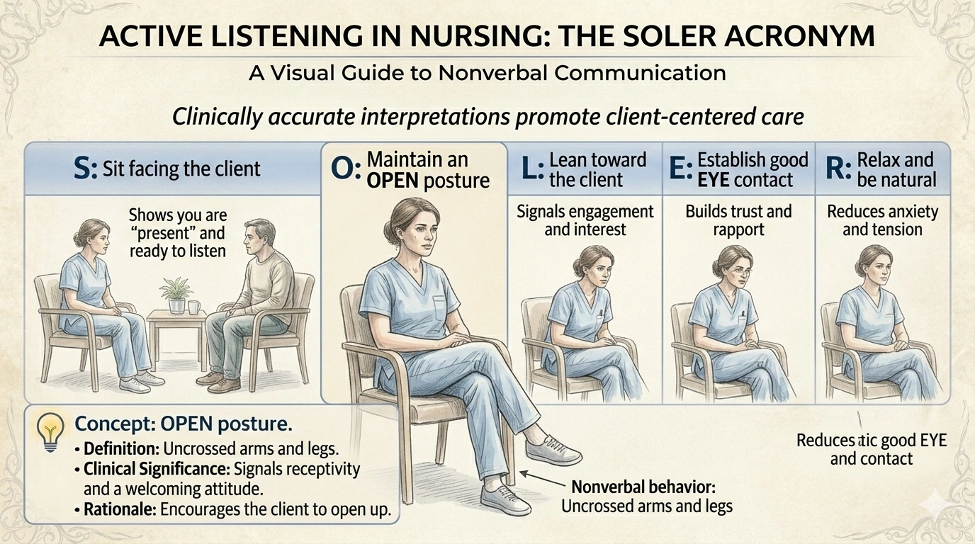 A nurse maintains an uncrossed arm and leg posture. This nonverbal behavior is reflective of which letter of the SOLER acronym for active listening?