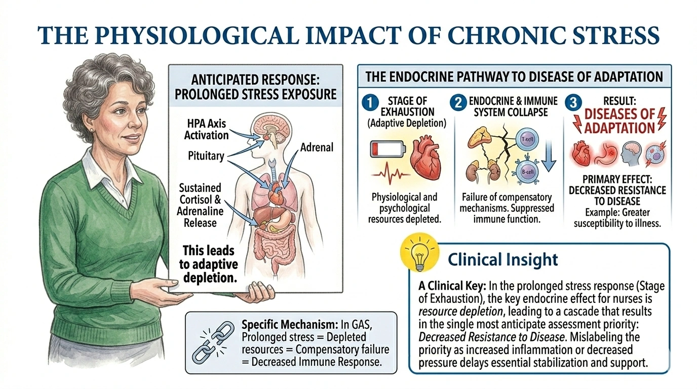 When an individuals stress response is sustained over a long period of time, which physiological effect of the endocrine system should a nurse anticipate?