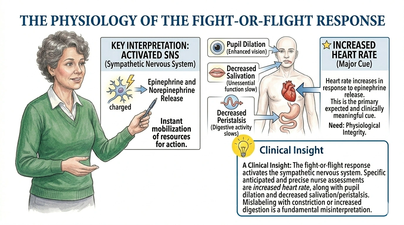 Which symptom should a nurse identify as typical of the fight-or-flight response?