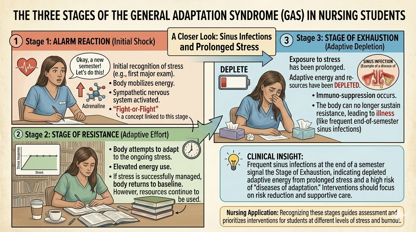 A nursing student finds that she comes down with a sinus infection toward the end of every semester. When this occurs, which stage of stress is the student most likely experiencing?