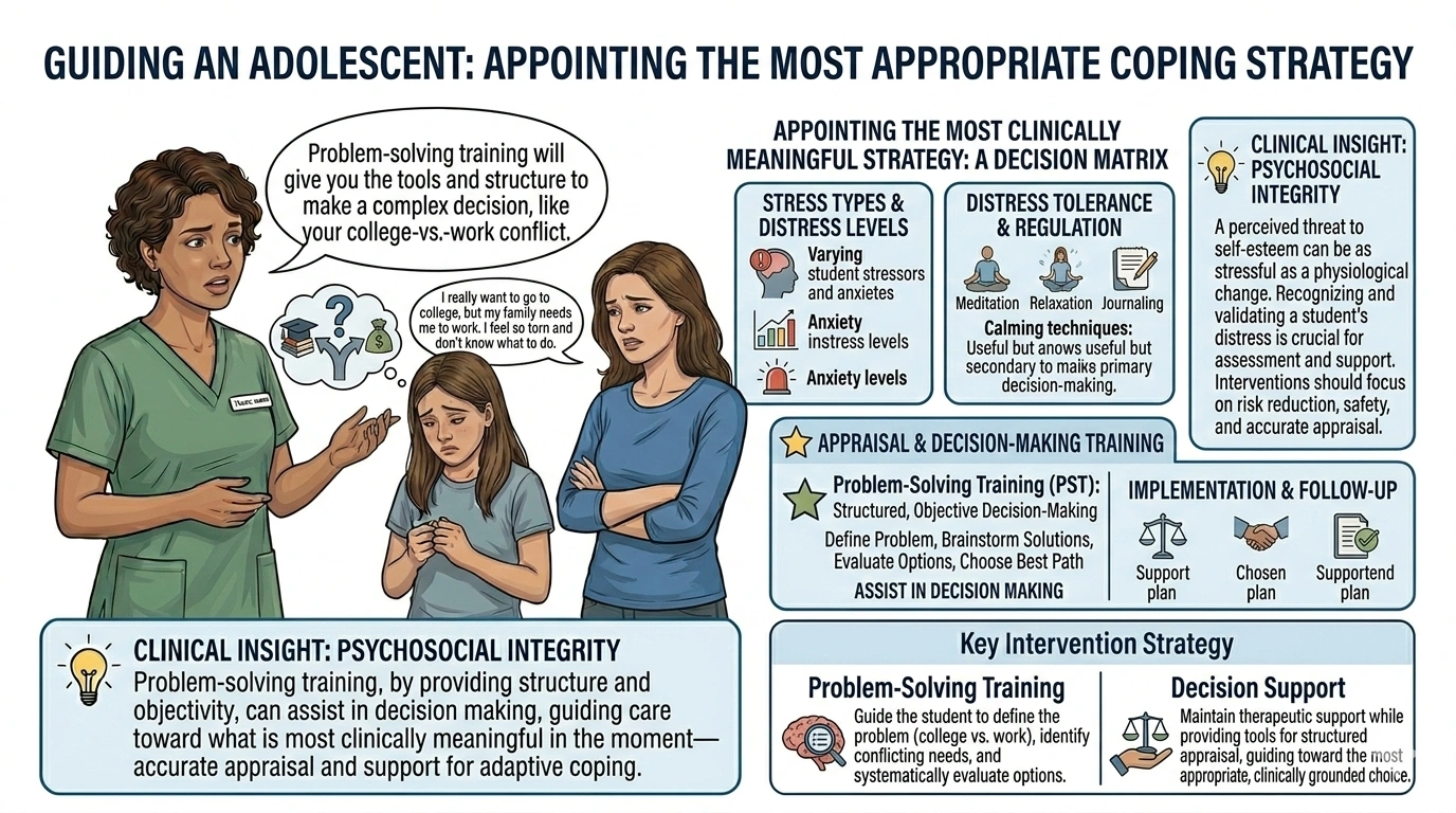 A bright student confides in the school nurse about conflicts related to attending college or working to add needed financial support to the family. Which coping strategy is most appropriate for the nurse to recommend to the student at this time?