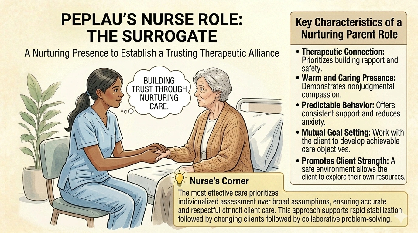 According to Peplau, which nursing intervention is most appropriate when the nurse is functioning in the role of a surrogate?