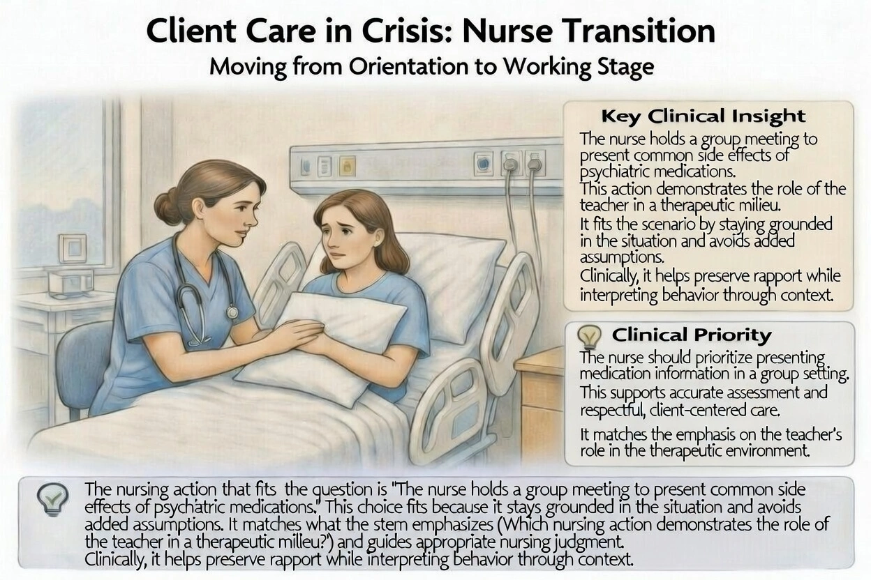 Which nursing action demonstrates the role of the teacher in a therapeutic milieu?