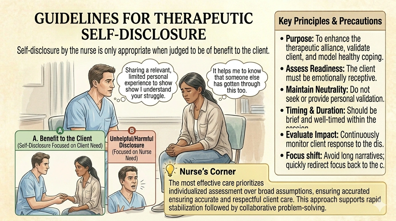 When is self-disclosure by the nurse appropriate in a therapeutic nurseclient relationship?