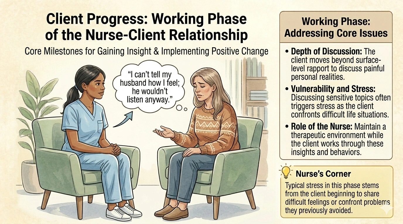 Which client statement should a nurse identify as a typical response to stress most often experienced in the working phase of the nurseclient relationship?