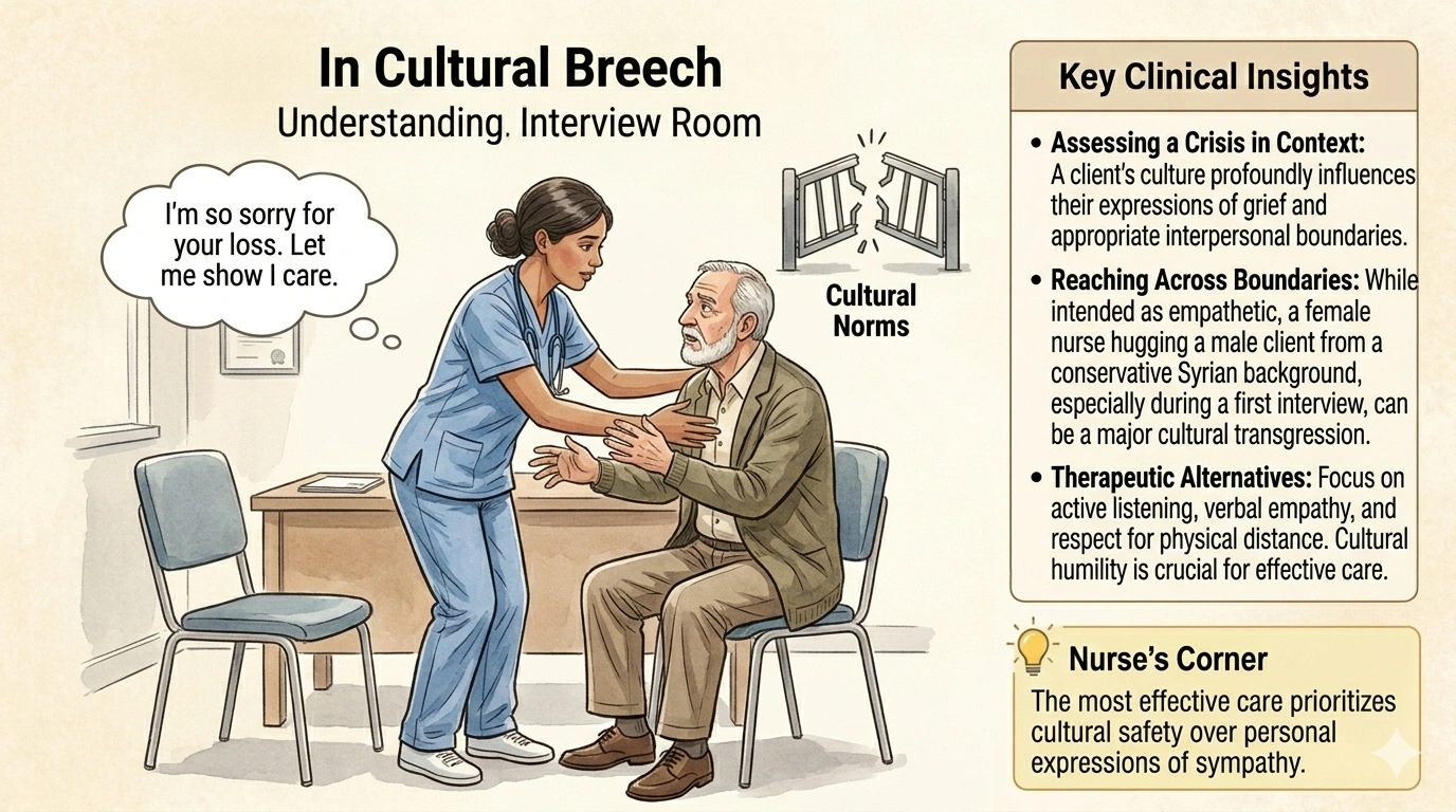 During the first interview with a man from Syria who has just lost his son in a car accident, in sympathy for the mans loss, the female nurse reaches out and hugs him. Which is an accurate evaluation of the nurses action?