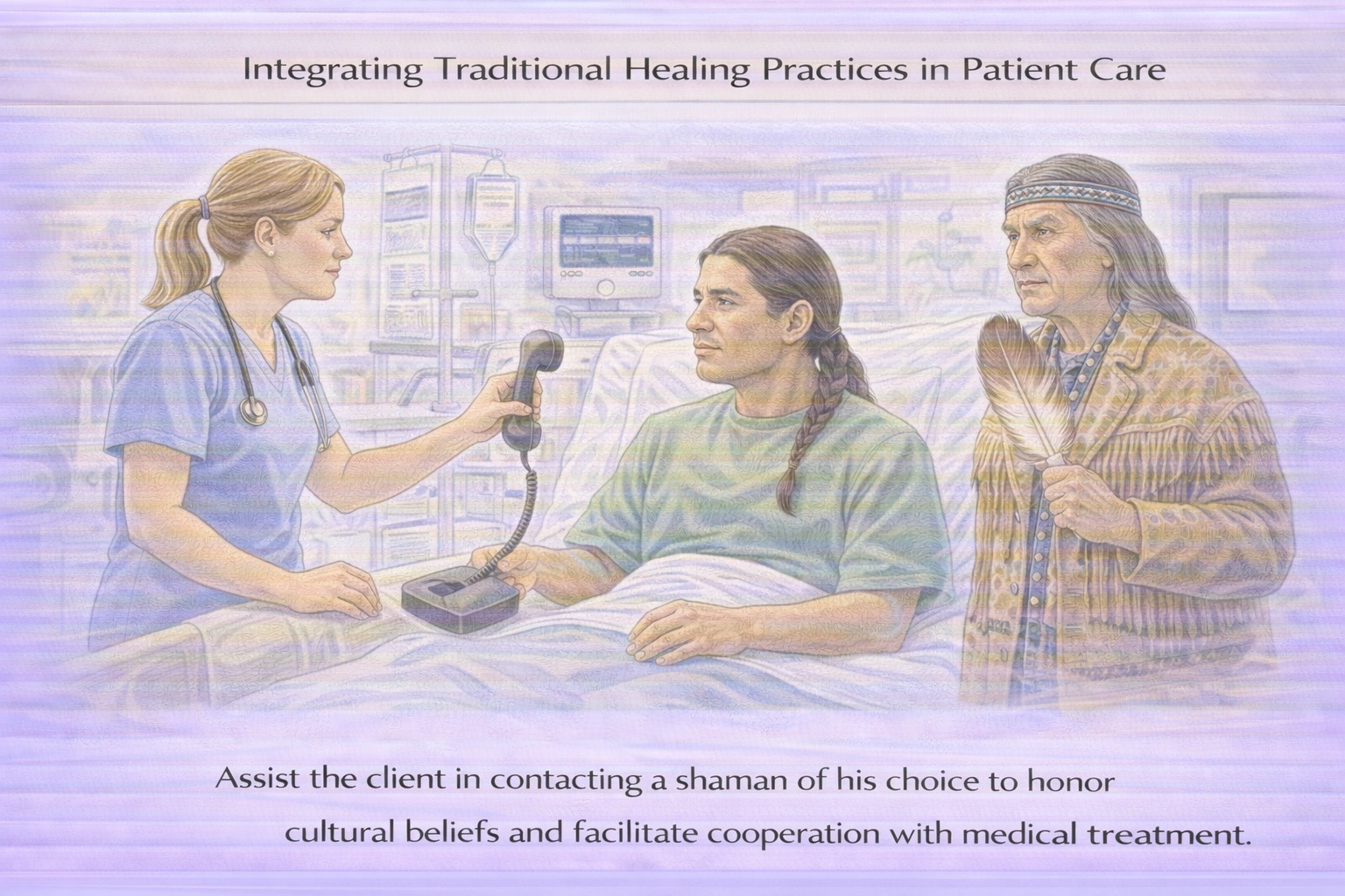 A Native American client is admitted to an emergency department (ED) with an ulcerated toe secondary to uncontrolled diabetes mellitus. The client refuses to talk to a physician unless a shaman is present. Which nursing intervention is most appropriate?