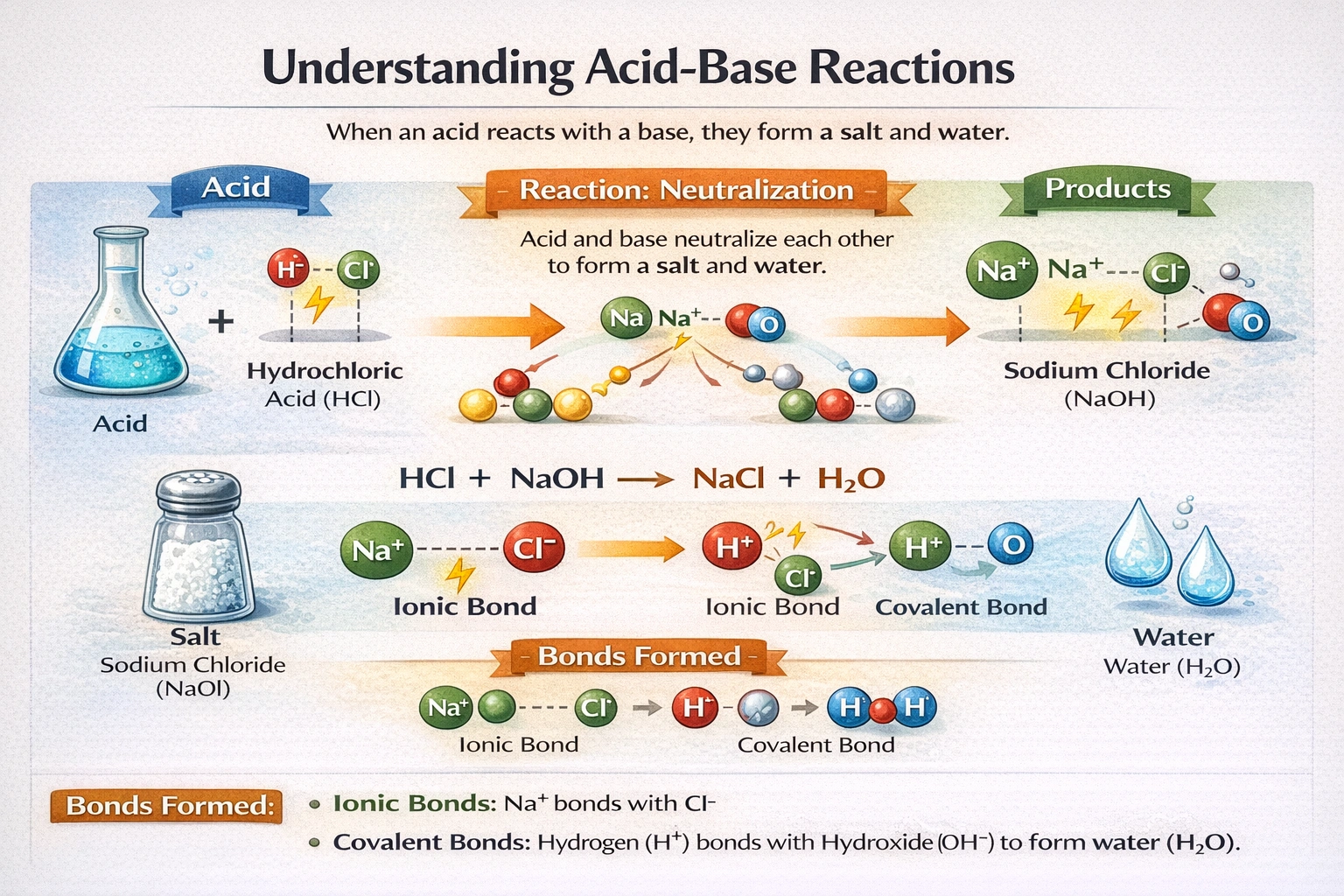 When an acid is added to a base, water and a salt form. What kinds of bonds form in these two compounds?