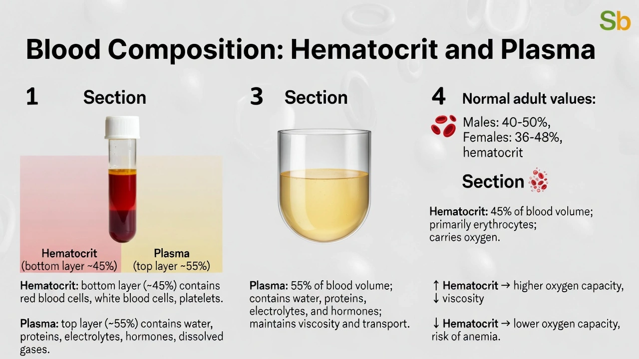 Blood is made of approximately __% hematocrit and __% plasma.