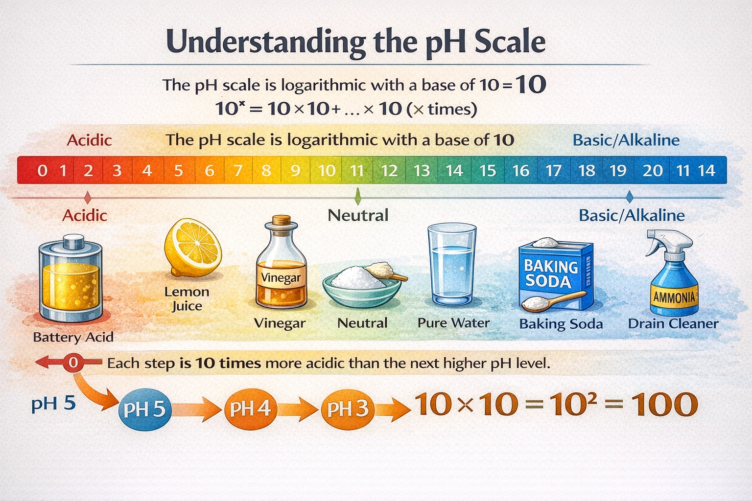 A substance with a pH of 3 is how many times more acidic than a substance with a pH of 5?