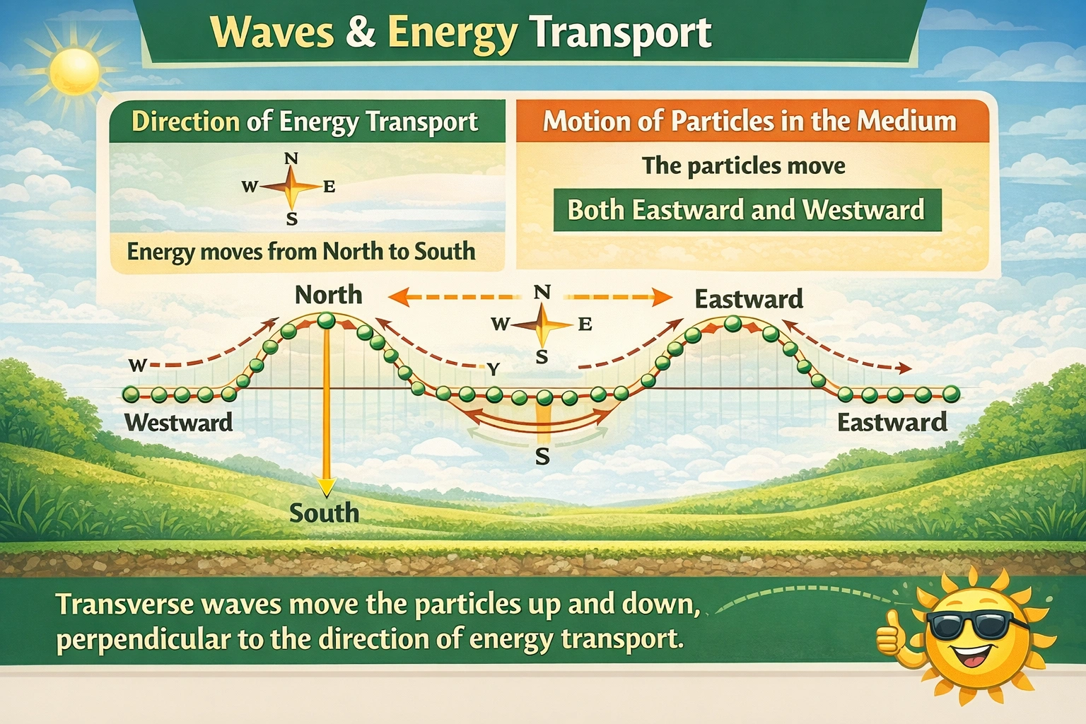 A transverse wave transports energy from north to south. In what direction do the particles in the medium move?