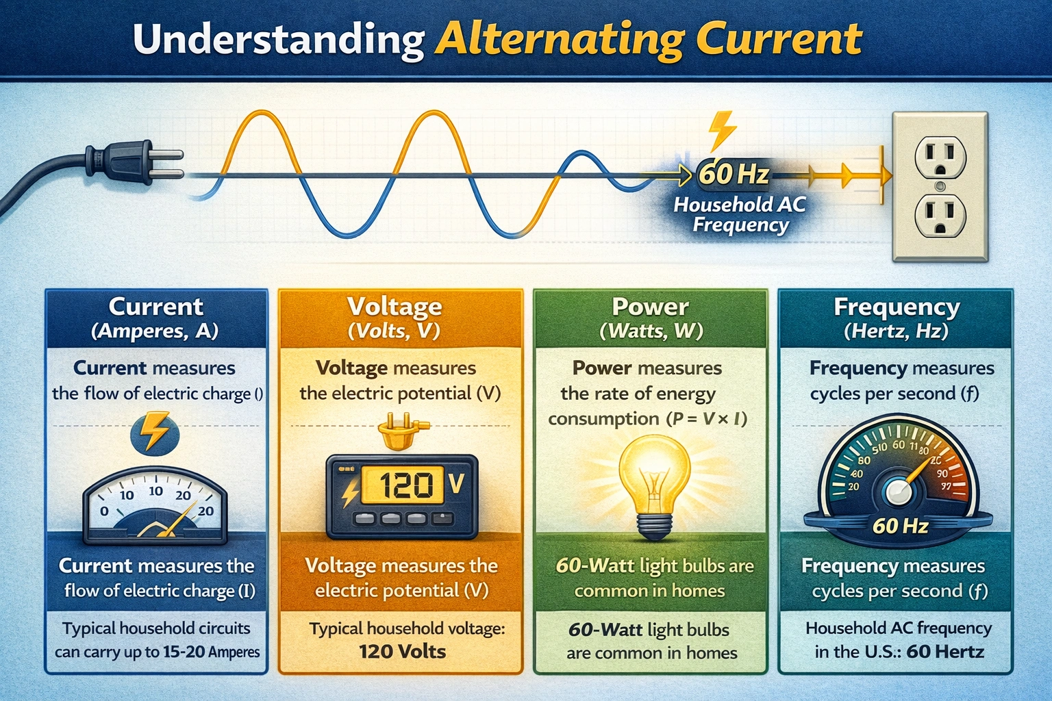 Household alternating current typically has a frequency of 60 Hz. Which statement is true?