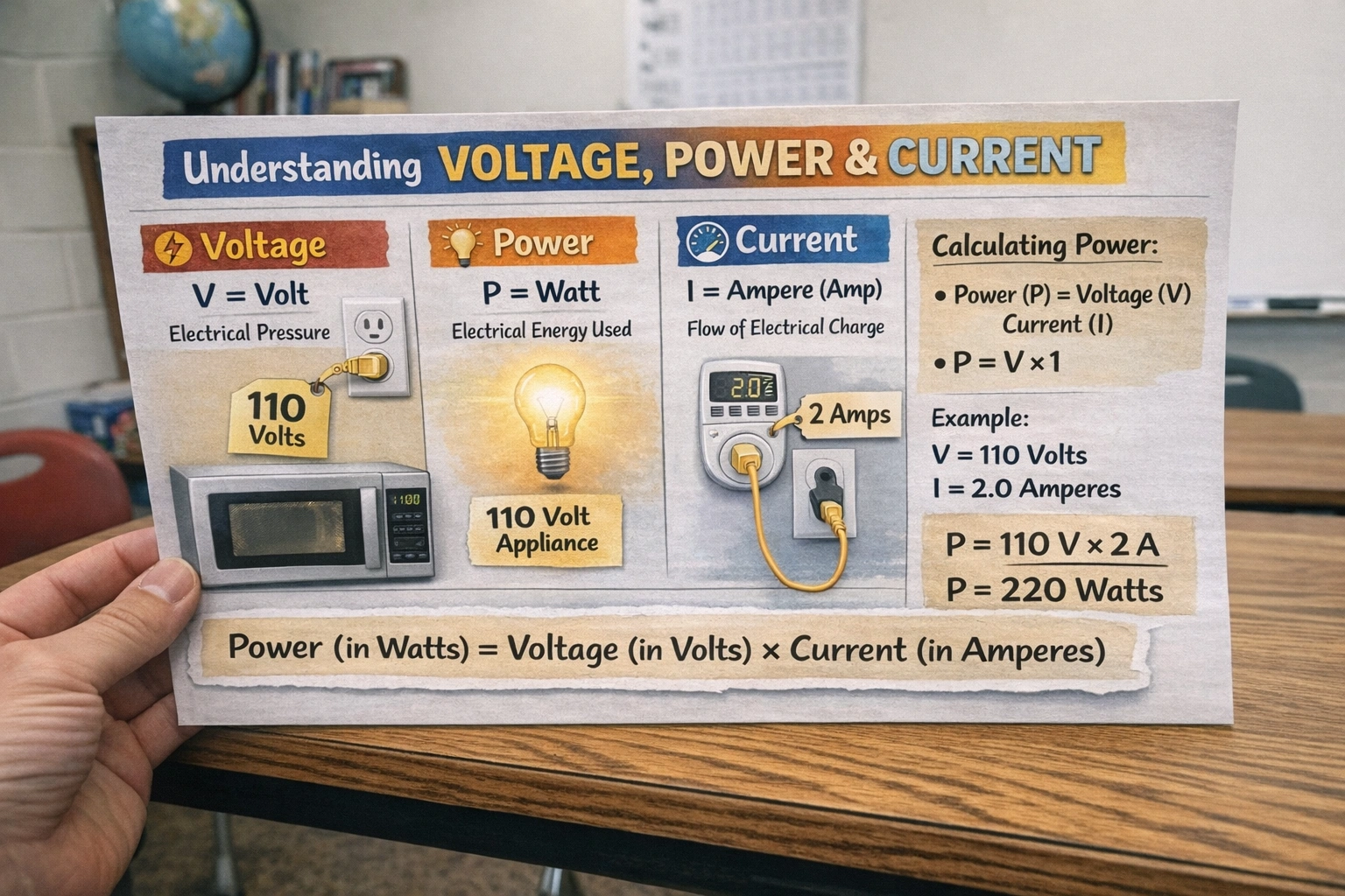 A 110-volt appliance draws 2.0 amperes. How many watts of power does it require?