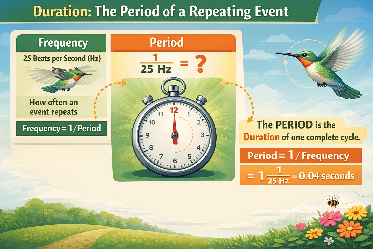A hummingbird's wings beat at 25 beats per second. What is the period of the wing beating in seconds?