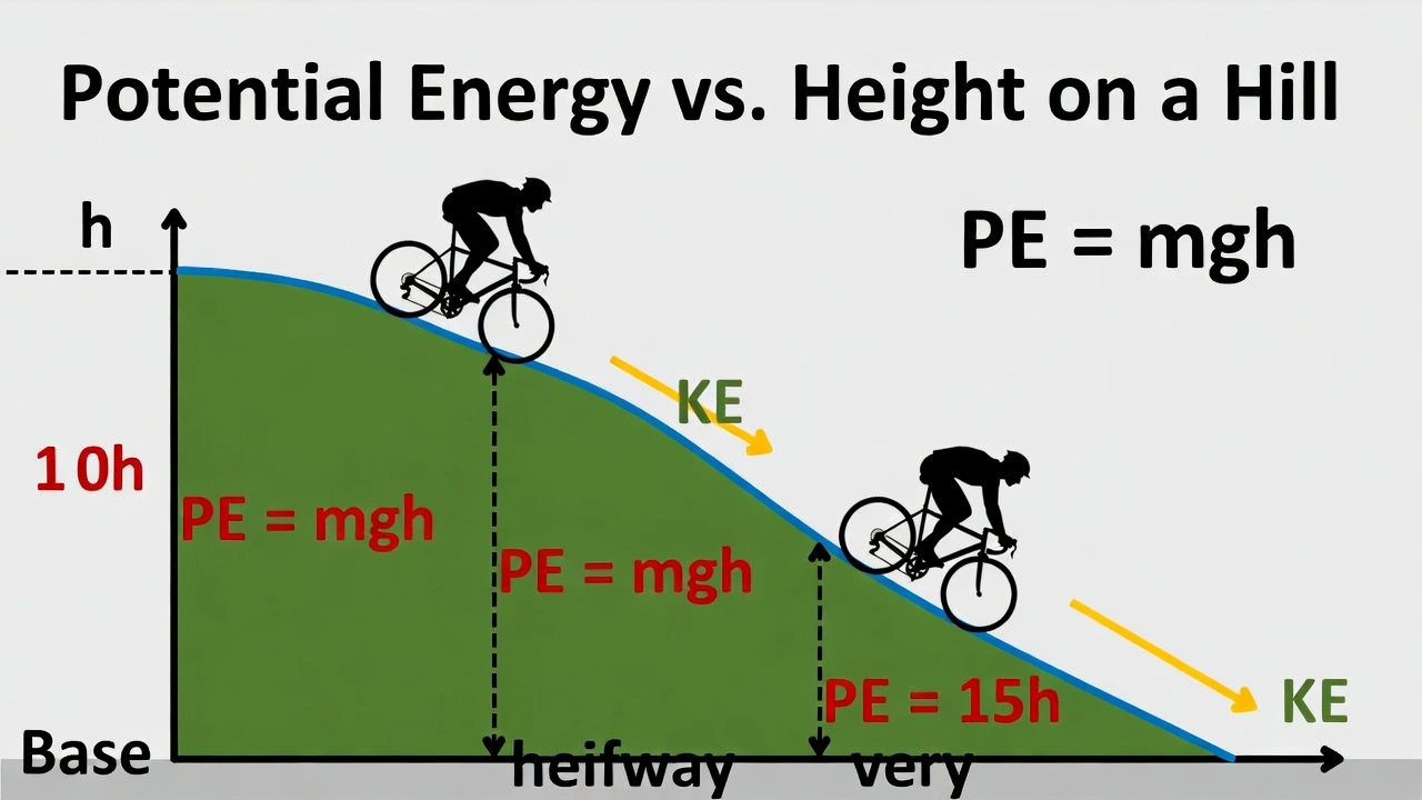 A cyclist is riding over a hill. At what point is his potential energy greatest?