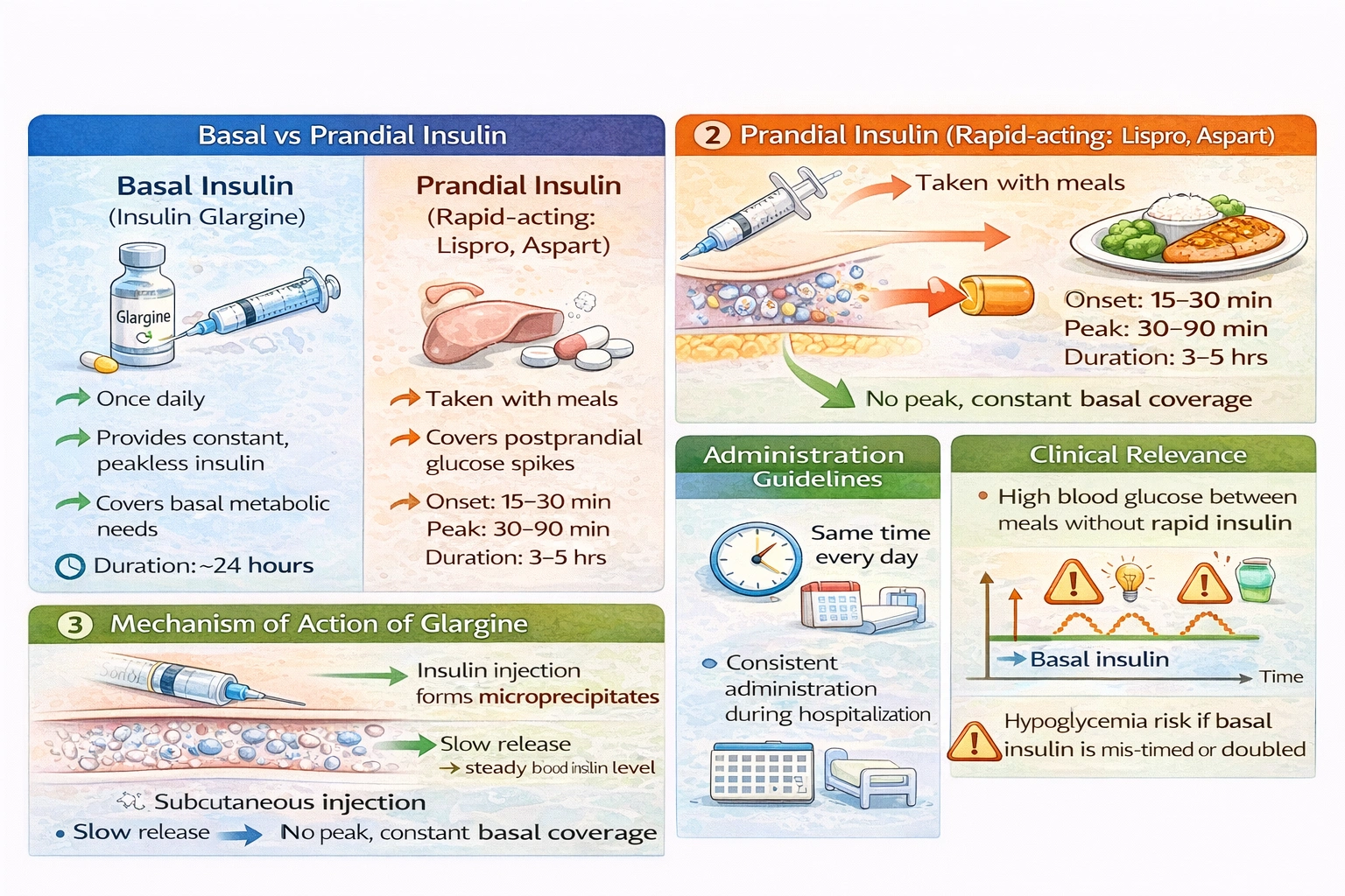 Insulin glargine is prescribed for a hospitalized client who has diabetes. When will the nurse expect to administer this drug?