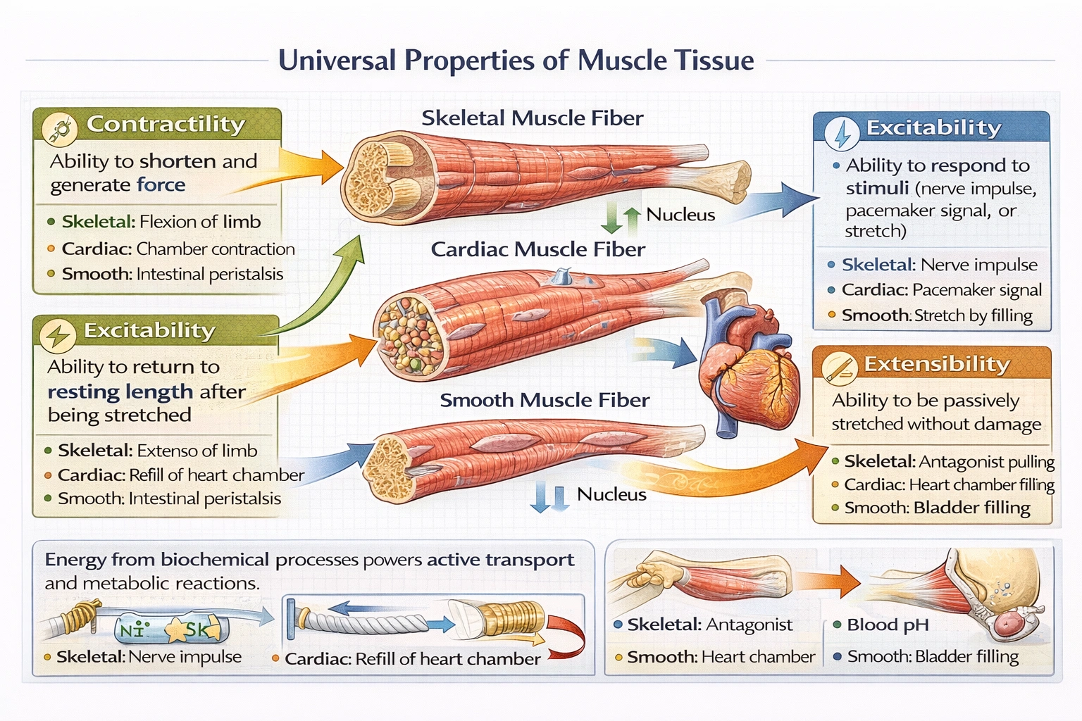 Which of the following correctly lists the four properties that all types of muscle tissue share?