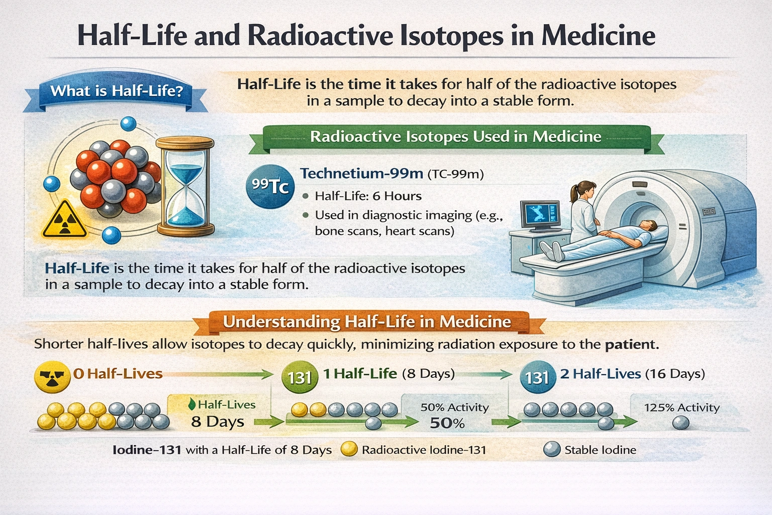 Radioactive isotopes are frequently used in medicine. What kind of half-life would a medical isotope probably have?