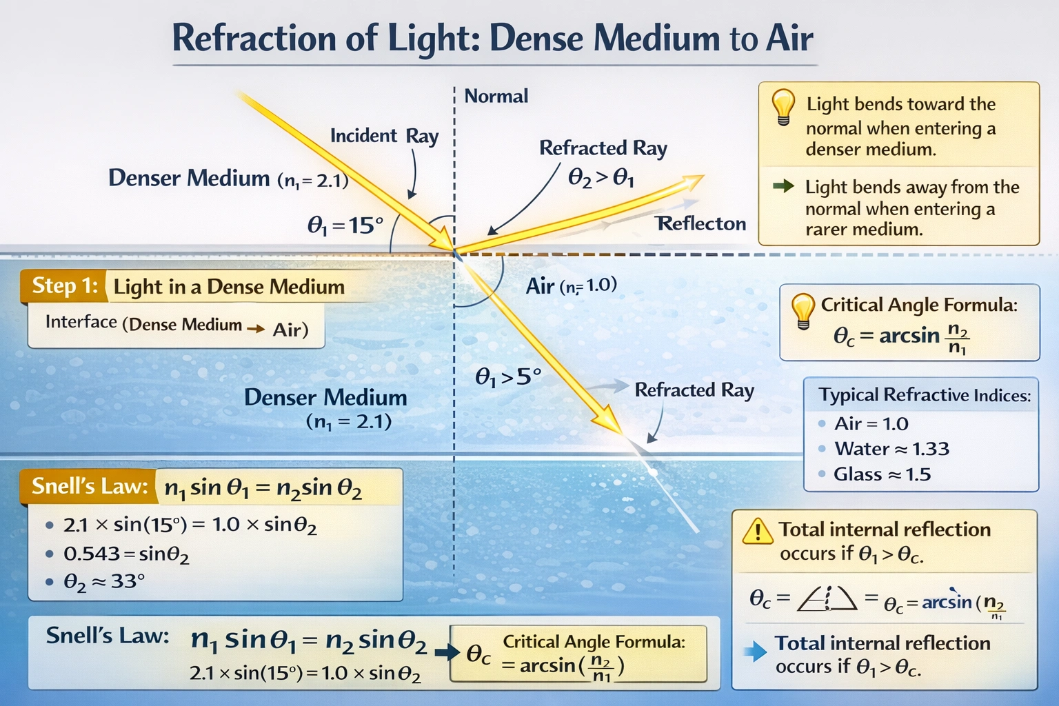 Light traveling in a clear material of refractive index 2.1 enters air (refractive index 1.0) after hitting the interface between the two at a 15? angle. Which statement describes what the light will do?