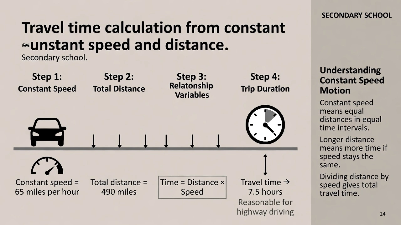 If a car goes a constant speed of 65 miles per hour over 490 miles, how long is the trip?