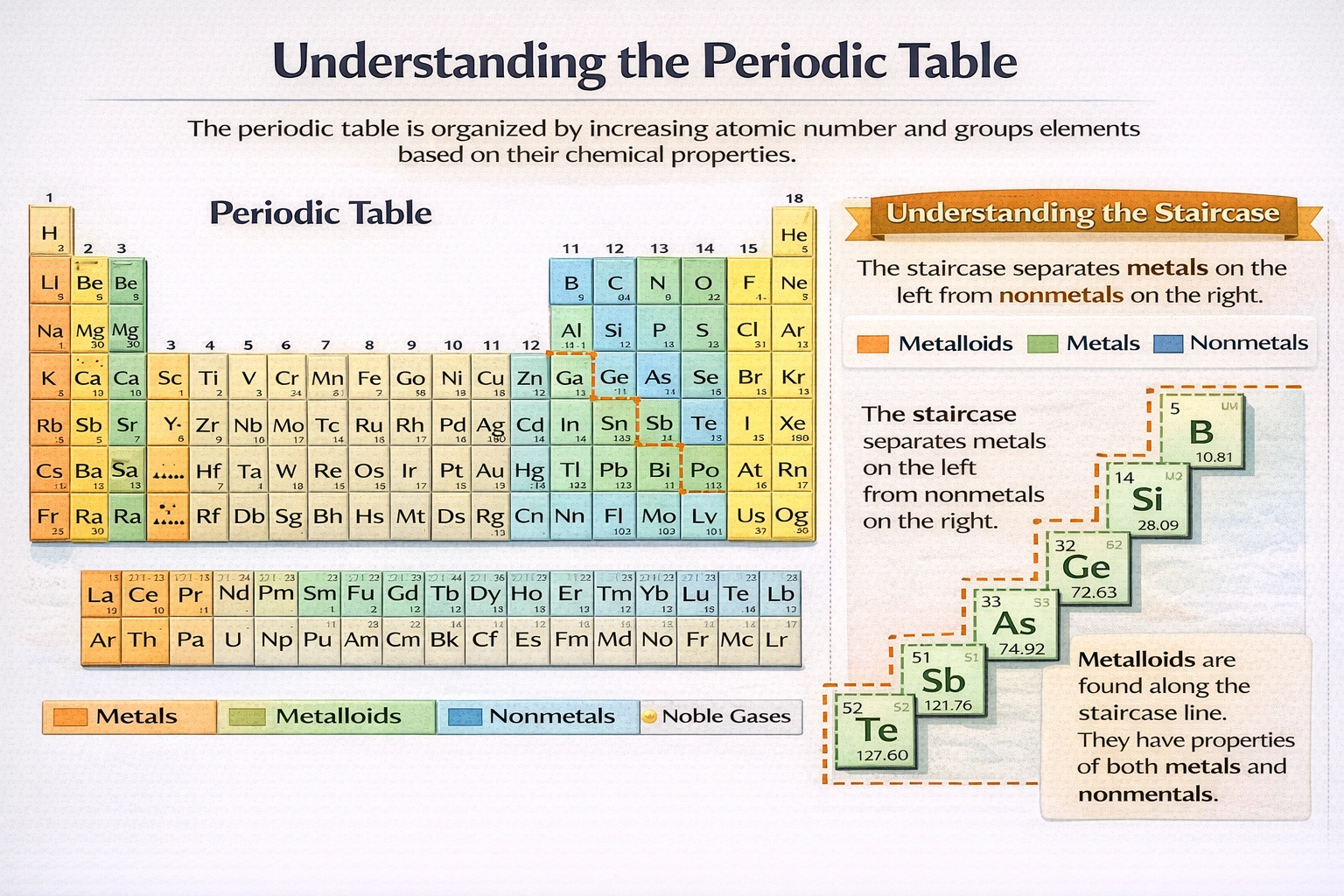 B, Si, As, Te, At, Ge, and Sb form a staircase pattern on the right side of the periodic table. How can these elements be classified?