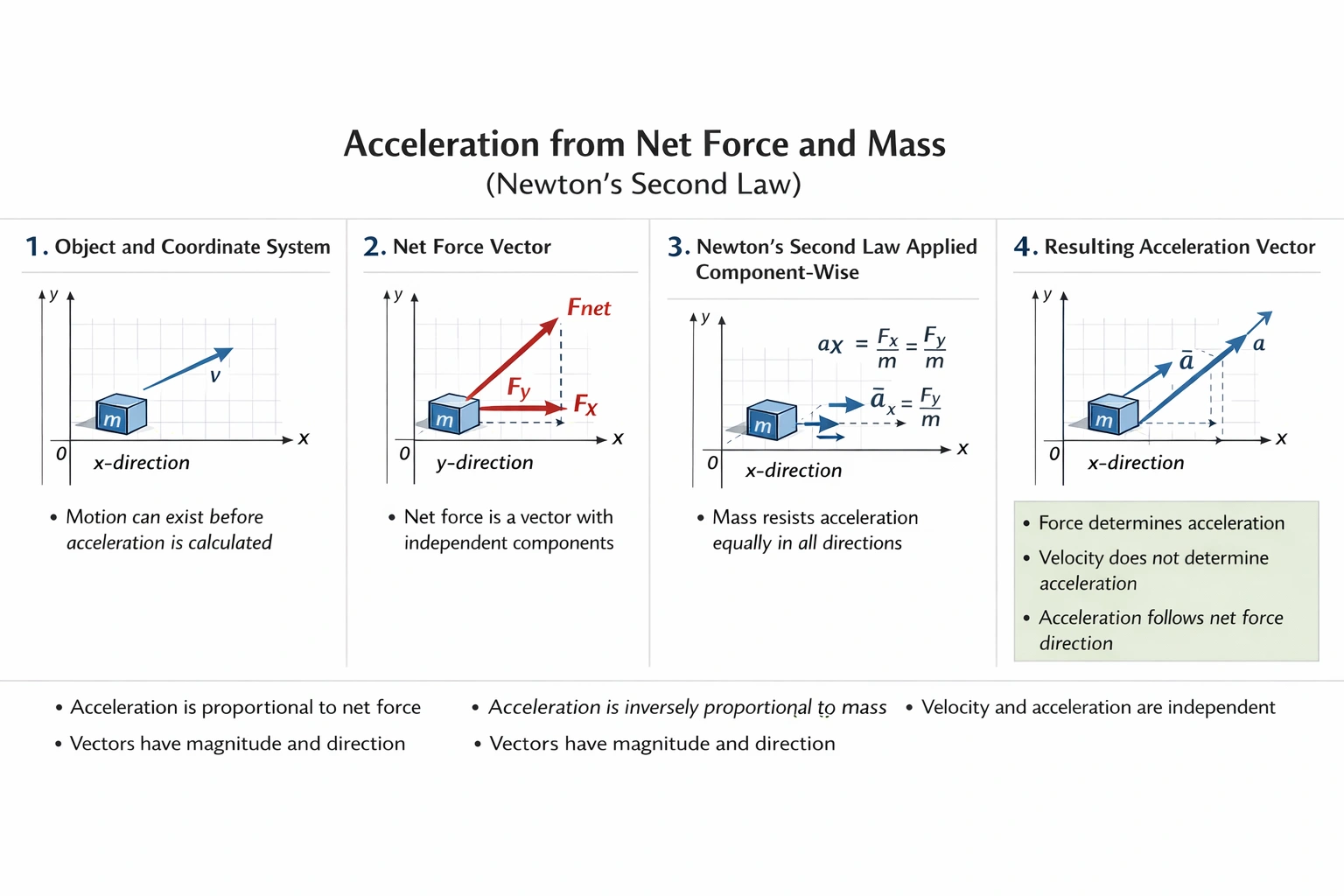 What is the acceleration of a 9.7-kilogram object moving at a velocity (2.3, 8.9) meters per second and subject to a net force of (3.2, -1.8) newtons?