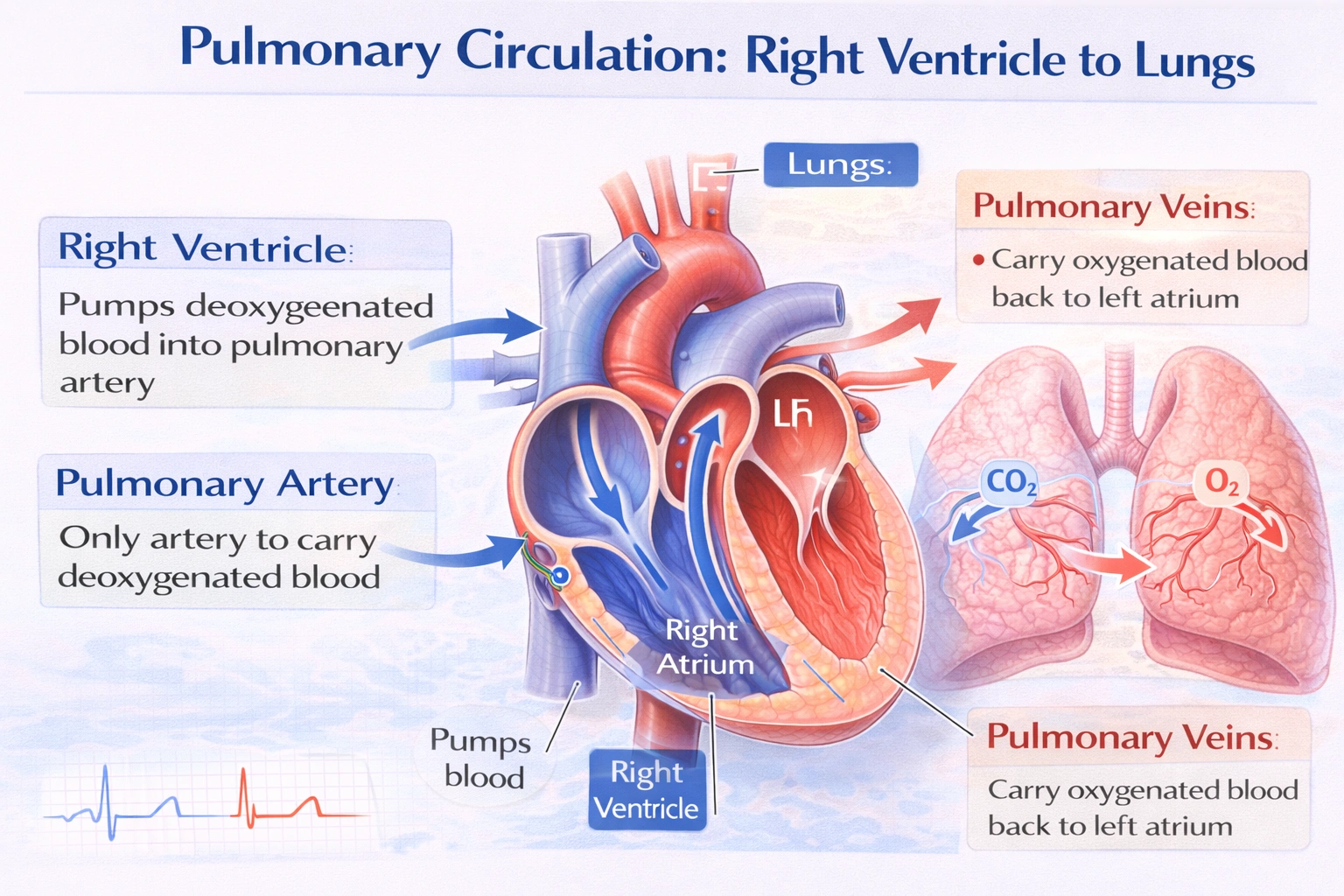 The pulmonary artery transports blood from the __________ to the __________.
