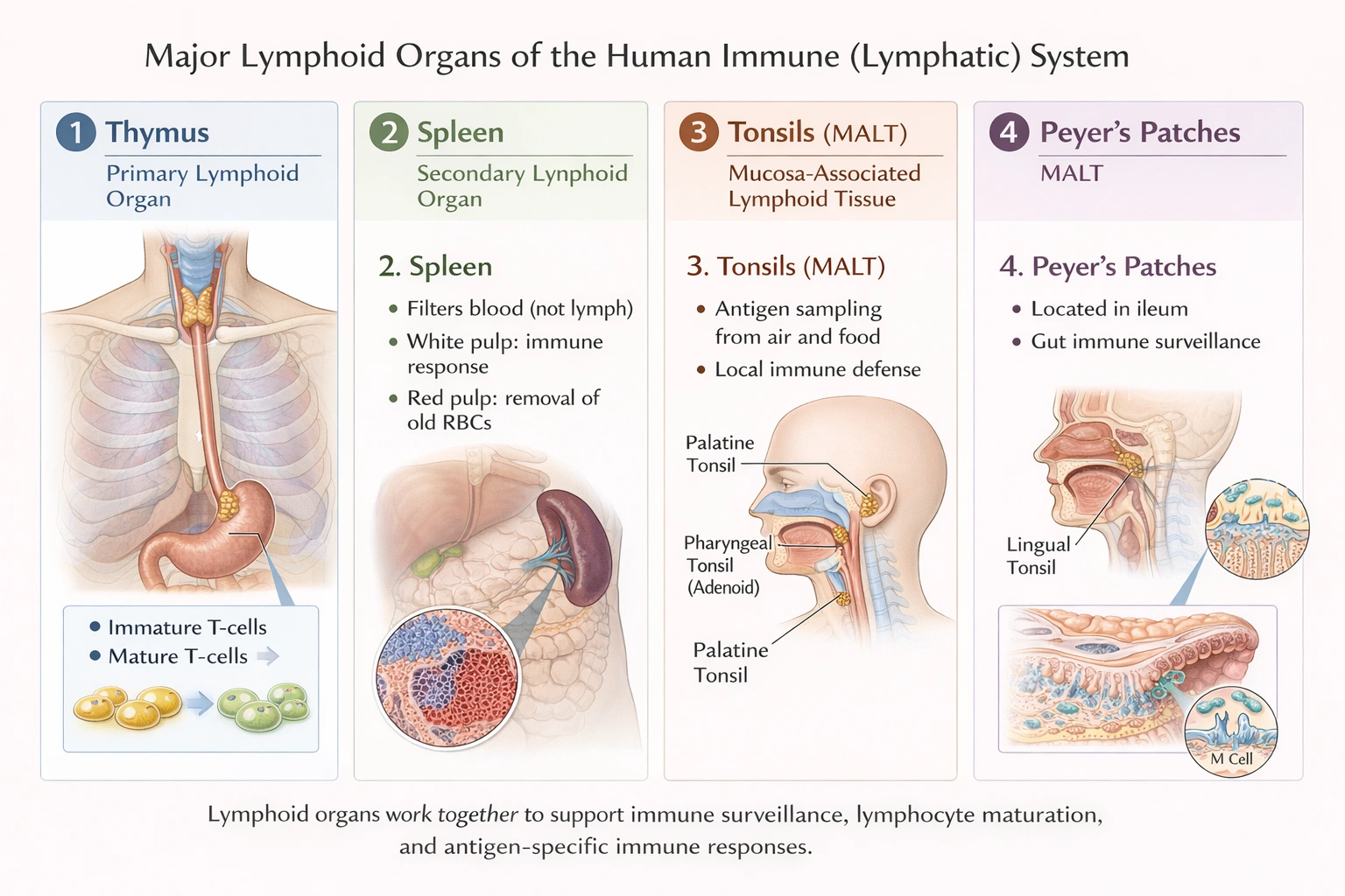 The thymus gland, areas of the spleen, tonsils, and Peyer's patches