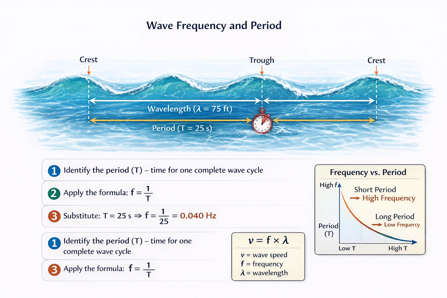 An oceanographer has set a post in the water near shore to study waves before a hurricane. If she finds that the waves are 75 feet apart and a trough arrives every 25 seconds, what is the frequency?